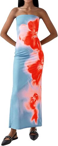 ISZPLUSH Women's Sexy Floral Print Strapless Maxi Dress Y2K Bodycon Tube Slim Fit Sleeveless Long Dress for Party Club in Saudi Arabia