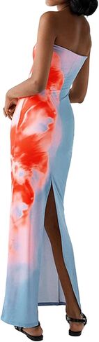 ISZPLUSH Women's Sexy Floral Print Strapless Maxi Dress Y2K Bodycon Tube Slim Fit Sleeveless Long Dress for Party Club in Saudi Arabia