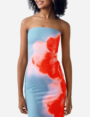 ISZPLUSH Women's Sexy Floral Print Strapless Maxi Dress Y2K Bodycon Tube Slim Fit Sleeveless Long Dress for Party Club in Saudi Arabia