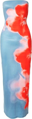 ISZPLUSH Women's Sexy Floral Print Strapless Maxi Dress Y2K Bodycon Tube Slim Fit Sleeveless Long Dress for Party Club in Saudi Arabia
