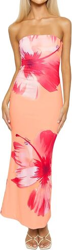 ISZPLUSH Women's Sexy Floral Print Strapless Maxi Dress Y2K Bodycon Tube Slim Fit Sleeveless Long Dress for Party Club in Saudi Arabia