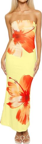 ISZPLUSH Women's Sexy Floral Print Strapless Maxi Dress Y2K Bodycon Tube Slim Fit Sleeveless Long Dress for Party Club in Saudi Arabia
