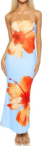 ISZPLUSH Women's Sexy Floral Print Strapless Maxi Dress Y2K Bodycon Tube Slim Fit Sleeveless Long Dress for Party Club in Saudi Arabia