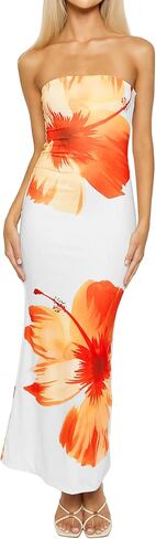 ISZPLUSH Women's Sexy Floral Print Strapless Maxi Dress Y2K Bodycon Tube Slim Fit Sleeveless Long Dress for Party Club in Saudi Arabia