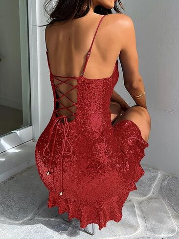 Womens Sequin Sexy Bodycon Dress Square Neck Flowy Glitter Sleeveless Homecoming Dresses Night Out Party Dress Red in Saudi Arabia