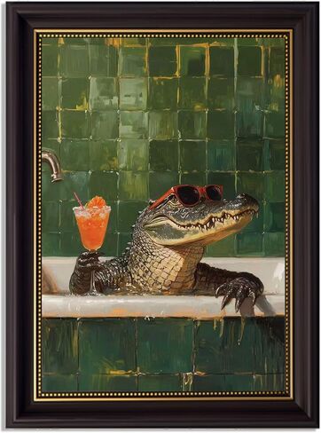 Devunaty Framed Animal Bathroom Wall Art Funny Crocodile Picture Painting Vintage Green Bathroom Wall Decor Crocodile Sitting in The Bathtub Drinking Cocktails Poster for Toilet Restroom 9x11in in Saudi Arabia