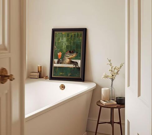 Devunaty Framed Animal Bathroom Wall Art Funny Crocodile Picture Painting Vintage Green Bathroom Wall Decor Crocodile Sitting in The Bathtub Drinking Cocktails Poster for Toilet Restroom 9x11in in Saudi Arabia