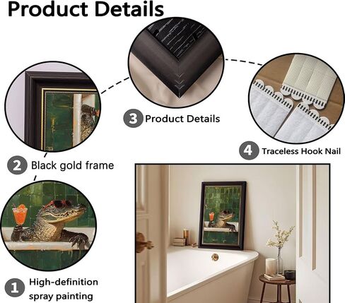 Devunaty Framed Animal Bathroom Wall Art Funny Crocodile Picture Painting Vintage Green Bathroom Wall Decor Crocodile Sitting in The Bathtub Drinking Cocktails Poster for Toilet Restroom 9x11in in Saudi Arabia