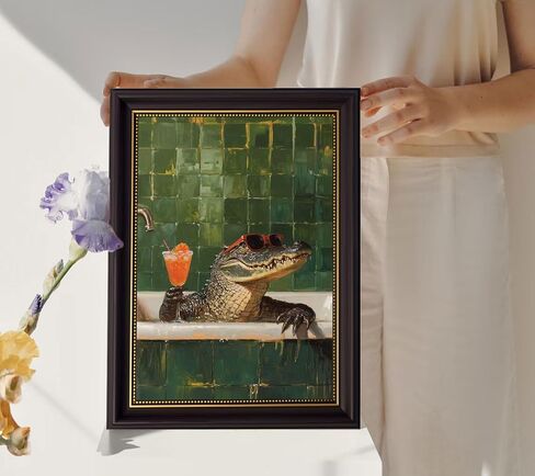 Devunaty Framed Animal Bathroom Wall Art Funny Crocodile Picture Painting Vintage Green Bathroom Wall Decor Crocodile Sitting in The Bathtub Drinking Cocktails Poster for Toilet Restroom 9x11in in Saudi Arabia