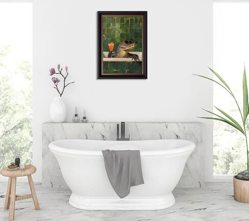 Devunaty Framed Animal Bathroom Wall Art Funny Crocodile Picture Painting Vintage Green Bathroom Wall Decor Crocodile Sitting in The Bathtub Drinking Cocktails Poster for Toilet Restroom 9x11in in Saudi Arabia