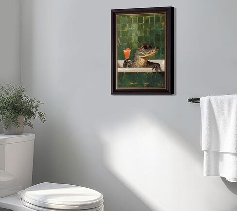 Devunaty Framed Animal Bathroom Wall Art Funny Crocodile Picture Painting Vintage Green Bathroom Wall Decor Crocodile Sitting in The Bathtub Drinking Cocktails Poster for Toilet Restroom 9x11in in Saudi Arabia