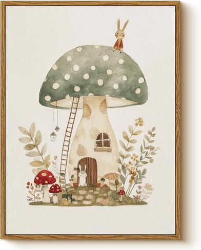Vintage Framed Nursery Wall Art 12x16 Canvas Print, Cute Bunny Mushroom House Illustration Woodland Forest Theme, Neutral Fairy Tale Kids Room Bedroom Baby Nursery Playroom Farmhouse Home Decor in Saudi Arabia