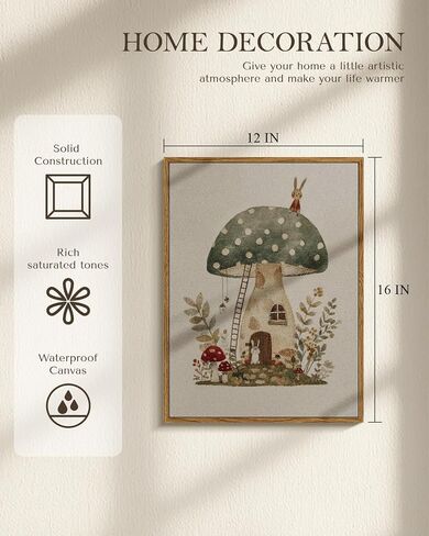 Vintage Framed Nursery Wall Art 12x16 Canvas Print, Cute Bunny Mushroom House Illustration Woodland Forest Theme, Neutral Fairy Tale Kids Room Bedroom Baby Nursery Playroom Farmhouse Home Decor in Saudi Arabia