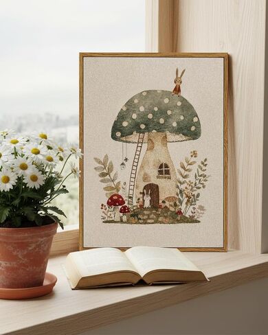 Vintage Framed Nursery Wall Art 12x16 Canvas Print, Cute Bunny Mushroom House Illustration Woodland Forest Theme, Neutral Fairy Tale Kids Room Bedroom Baby Nursery Playroom Farmhouse Home Decor in Saudi Arabia