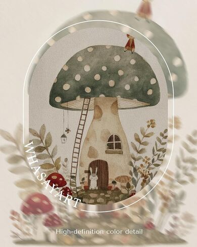 Vintage Framed Nursery Wall Art 12x16 Canvas Print, Cute Bunny Mushroom House Illustration Woodland Forest Theme, Neutral Fairy Tale Kids Room Bedroom Baby Nursery Playroom Farmhouse Home Decor in Saudi Arabia
