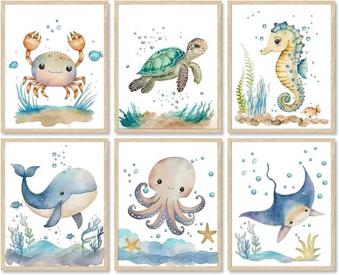 Dazzlewall 6Pcs Ocean Themed Nursery Wall Decor Watercolor Sea Animal Canvas Wall Art for Kids Boys Girls Nursery Bathroom Bedroom 8x10in Unframed in Saudi Arabia