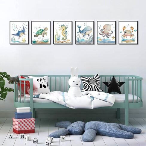 Dazzlewall 6Pcs Ocean Themed Nursery Wall Decor Watercolor Sea Animal Canvas Wall Art for Kids Boys Girls Nursery Bathroom Bedroom 8x10in Unframed in Saudi Arabia