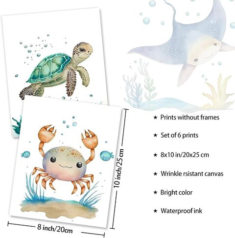 Dazzlewall 6Pcs Ocean Themed Nursery Wall Decor Watercolor Sea Animal Canvas Wall Art for Kids Boys Girls Nursery Bathroom Bedroom 8x10in Unframed in Saudi Arabia