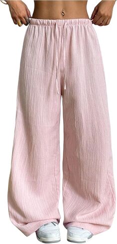 RoseSeek Women's Textured Linen Beach Pants Drawstring Waist Palazzo Wide Leg Pants Casual Summer Trousers in Kuwait