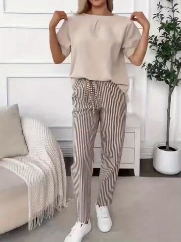 Women's Striped Wide Leg Casual Pants High Waisted, Not See Through, Lightweight All-Season Comfort Loose with Pockets in Kuwait