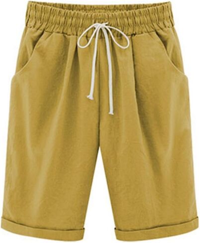 Women's Elastic Waist Knee Length Casual Loose Pants Plus Size Cotton Medium Pants Shorts with Drawstring in Kuwait