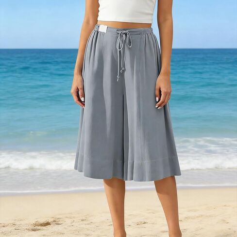 Women Casual Wide Leg Pants Flowy Crop Capri Pants Palazzo Casual Drawstring Summer Loose Capris Pants with Pockets in Saudi Arabia