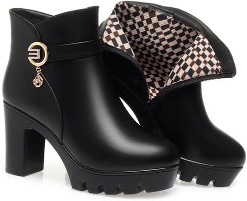 Women's Ankle Boots Chunky Block Heel Rhinestones Buckle Decor Comfort Warm Fur Lined Boots Vintage Tie Knot Booties Shoes with Side Zipper in Saudi Arabia