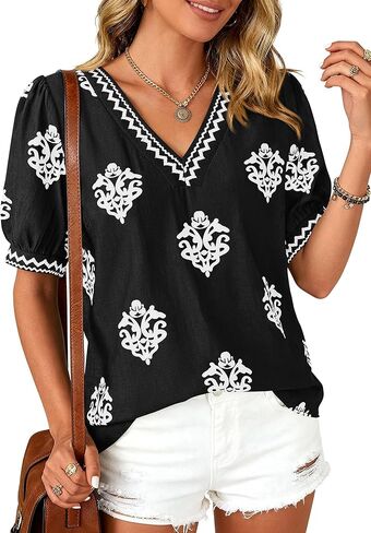 BTFBM Casual Summer Shirts for Women Beach Fashion Going Out Tops Vacation Short Sleeve Floral Boho Blouses Tunics(Black White Flower,Large) in Kuwait