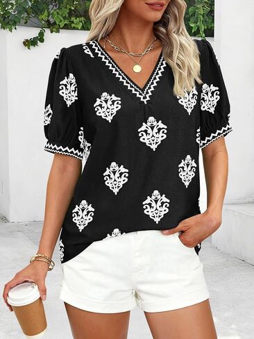BTFBM Casual Summer Shirts for Women Beach Fashion Going Out Tops Vacation Short Sleeve Floral Boho Blouses Tunics(Black White Flower,Large) in Kuwait