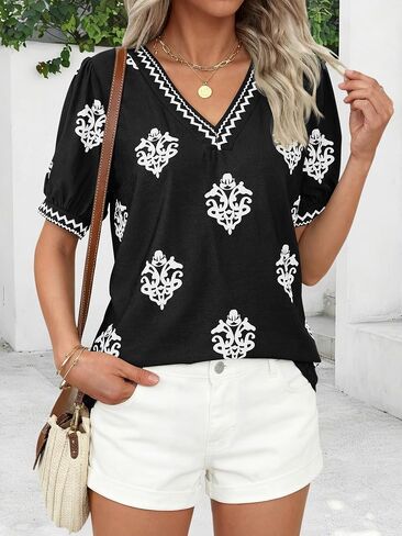 BTFBM Casual Summer Shirts for Women Beach Fashion Going Out Tops Vacation Short Sleeve Floral Boho Blouses Tunics(Black White Flower,Large) in Kuwait