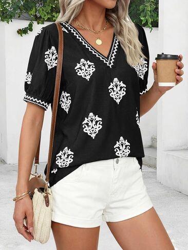 BTFBM Casual Summer Shirts for Women Beach Fashion Going Out Tops Vacation Short Sleeve Floral Boho Blouses Tunics(Black White Flower,Large) in Kuwait
