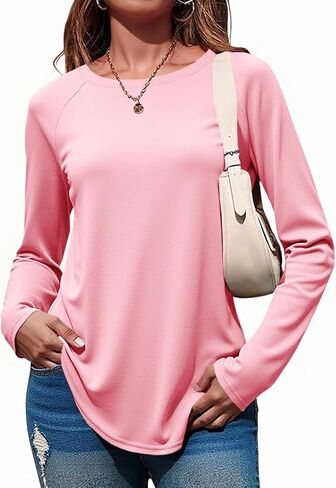 Tankaneo Womens Crewneck Long Sleeve Shirts Basic Loose Fit Tunic Tops Casual Curved Hem 2025 Outfits Clothes in Kuwait