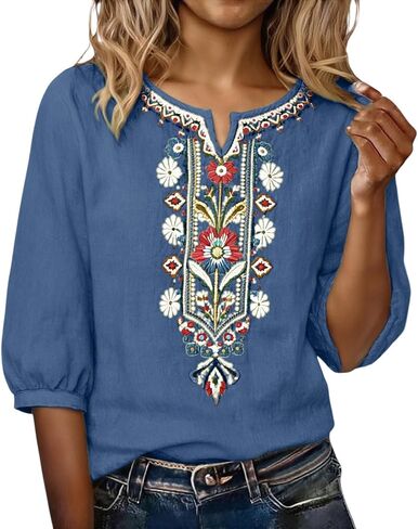 Embroidered Tops for Women Linen Shirts Peasant Blouses 3/4 Sleeve Summer Gauze Bohemian Linen Tunic Tops in Kuwait