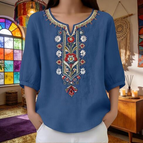 Embroidered Tops for Women Linen Shirts Peasant Blouses 3/4 Sleeve Summer Gauze Bohemian Linen Tunic Tops in Kuwait