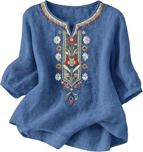 Embroidered Tops for Women Linen Shirts Peasant Blouses 3/4 Sleeve Summer Gauze Bohemian Linen Tunic Tops in Kuwait