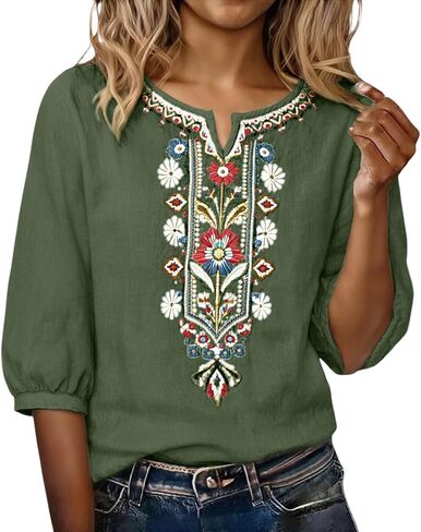 Embroidered Tops for Women Linen Shirts Peasant Blouses 3/4 Sleeve Summer Gauze Bohemian Linen Tunic Tops in Saudi Arabia