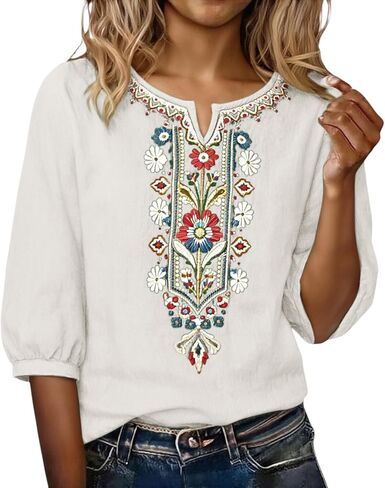 Embroidered Tops for Women Linen Shirts Peasant Blouses 3/4 Sleeve Summer Gauze Bohemian Linen Tunic Tops in Kuwait