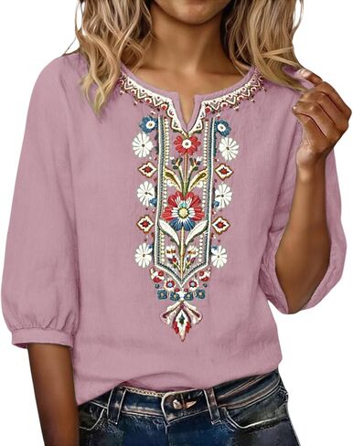 Embroidered Tops for Women Linen Shirts Peasant Blouses 3/4 Sleeve Summer Gauze Bohemian Linen Tunic Tops in Kuwait