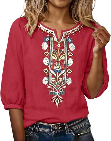 Embroidered Tops for Women Linen Shirts Peasant Blouses 3/4 Sleeve Summer Gauze Bohemian Linen Tunic Tops in Kuwait