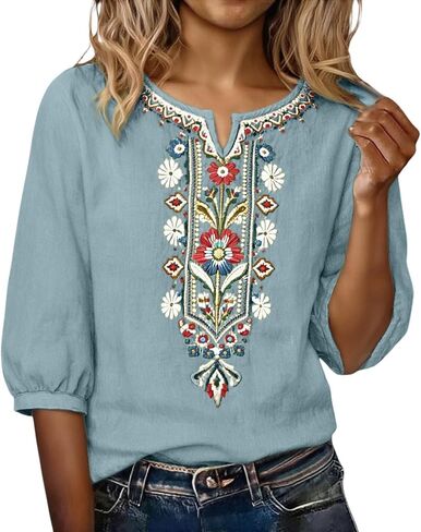 Embroidered Tops for Women Linen Shirts Peasant Blouses 3/4 Sleeve Summer Gauze Bohemian Linen Tunic Tops in Kuwait