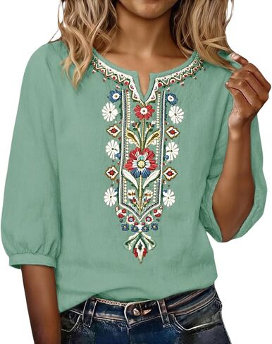 Embroidered Tops for Women Linen Shirts Peasant Blouses 3/4 Sleeve Summer Gauze Bohemian Linen Tunic Tops in Kuwait