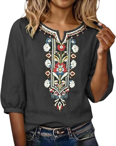 Embroidered Tops for Women Linen Shirts Peasant Blouses 3/4 Sleeve Summer Gauze Bohemian Linen Tunic Tops in Kuwait