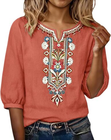 Embroidered Tops for Women Linen Shirts Peasant Blouses 3/4 Sleeve Summer Gauze Bohemian Linen Tunic Tops in Kuwait