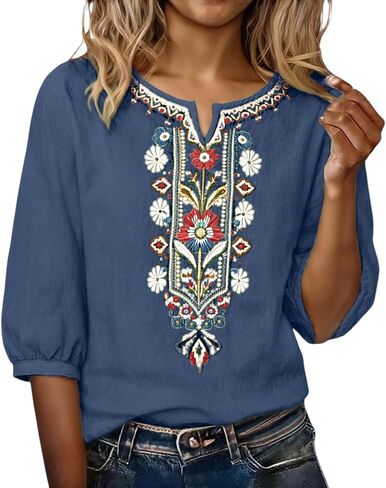Embroidered Tops for Women Linen Shirts Peasant Blouses 3/4 Sleeve Summer Gauze Bohemian Linen Tunic Tops in Kuwait