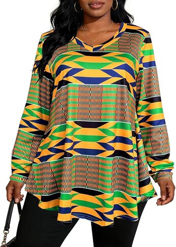 African Dashiki Top for Women - Boho Long Sleeve V Neck Loose Tunic with Ethnic Print in Saudi Arabia