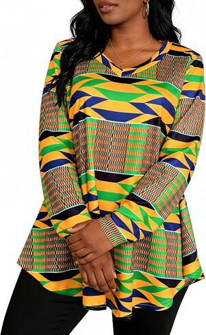 African Dashiki Top for Women - Boho Long Sleeve V Neck Loose Tunic with Ethnic Print in Saudi Arabia