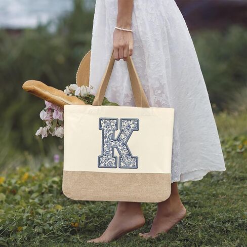 Initial Canvas Tote Bag, Womens Personalized Monogram K Tote Bags, Suitable for Wedding Engagement Parties Honeymoon Birthday Beach Holiday, Gift for Women Grandma Mom Teacher Friends Bridesmaids in Saudi Arabia