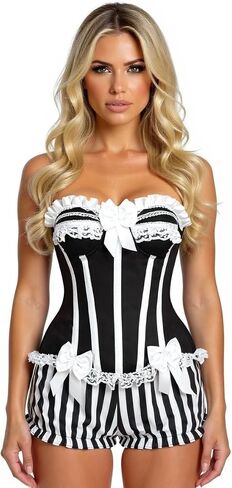Daisy corsets Women's Daisy Corsets Womens 2 Pc Burlesque White/Black Striped Steel Boned Corset & Bloomers - Plus Size in Saudi Arabia
