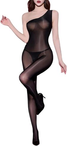 Women's Body Suit Shiny Bodystocing Oily Full Body Suit Jumpsuit Off-the-shoulder Sleeveless in Saudi Arabia