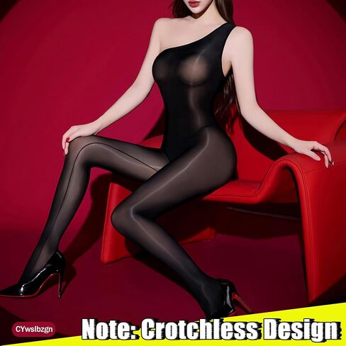 Women's Body Suit Shiny Bodystocing Oily Full Body Suit Jumpsuit Off-the-shoulder Sleeveless in Saudi Arabia
